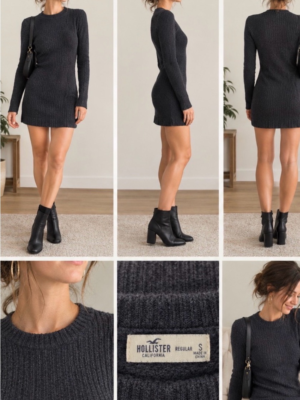 Hollister Dark Charcoal Ribbed Long-Sleeve Knit Mini Dress